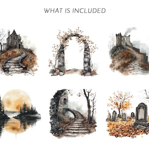 May include: Watercolor illustrations featuring a spooky castle, stone archway, and a ruined building with a winding stone path. Other images include a full moon over a lake, a stone bridge, and a graveyard. The text "WHAT IS INCLUDED" is at the top.