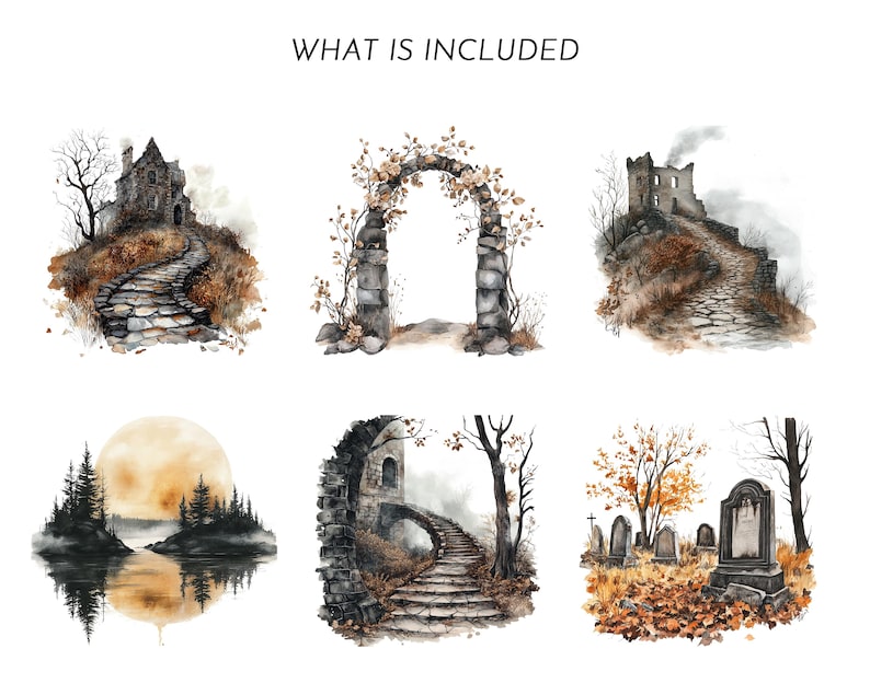 May include: Watercolor illustrations featuring a spooky castle, stone archway, and a ruined building with a winding stone path. Other images include a full moon over a lake, a stone bridge, and a graveyard. The text "WHAT IS INCLUDED" is at the top.