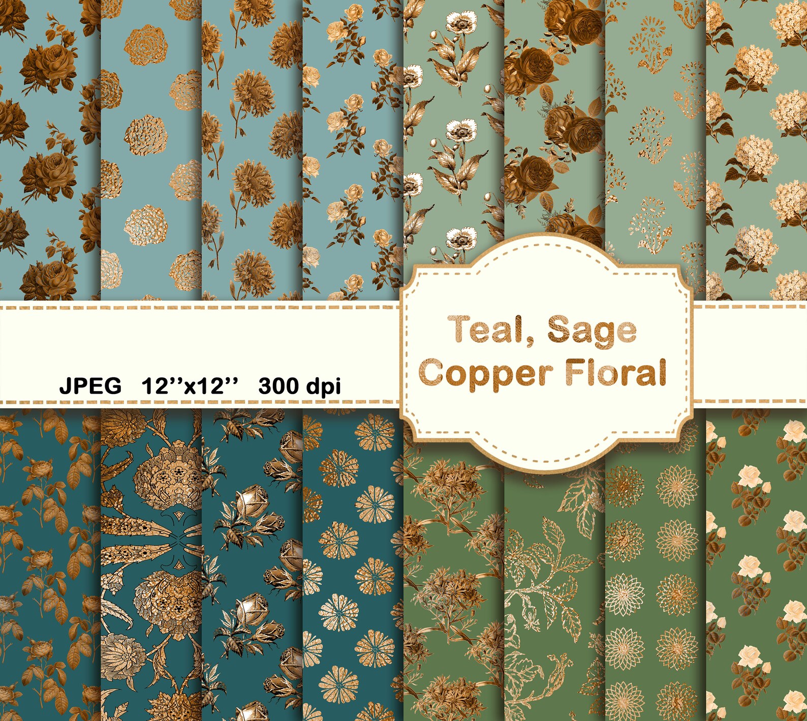 Teal, Sage and Copper Floral Digital Papers Etsy