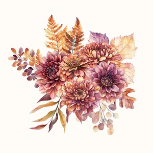 May include: Watercolor illustration of a floral arrangement featuring dahlias, leaves, and ferns in shades of burgundy, orange, and yellow. The flowers are the focal point, with detailed petals and a soft, painterly style. The arrangement is set against a white background.