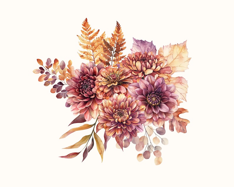 May include: Watercolor illustration of a floral arrangement featuring dahlias, leaves, and ferns in shades of burgundy, orange, and yellow. The flowers are the focal point, with detailed petals and a soft, painterly style. The arrangement is set against a white background.