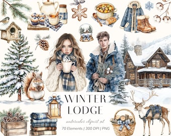 Puede incluir: Conjunto de imágenes prediseñadas de acuarela con temática de cabaña de invierno. La imagen presenta ilustraciones de una cabaña acogedora, personas, una ardilla, un ciervo y varios elementos con temática invernal como una linterna, mantas y una cesta de leños. El texto dice "Winter Lodge".