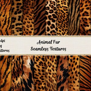 May include: A collection of 26 seamless animal fur textures in a variety of colours and patterns, including leopard, tiger, and zebra. The textures are 300 dpi and in jpeg format.