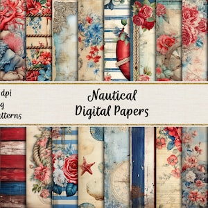 Papeles digitales náuticos, papel para álbum de recortes azul y rojo, diario imprimible con temática oceánica, uso comercial, descarga instantánea
