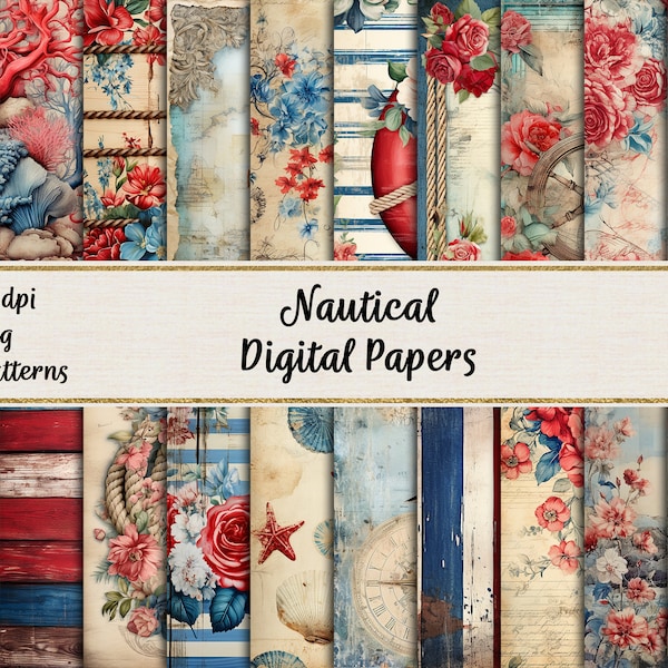 Blue and Red Nautical Digital Papers