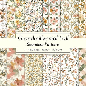 Grandmillennial Fall – Padrões vintage sem costura, papéis digitais florais em aquarela para decoração de outono e diários