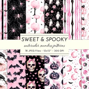 Pode incluir: Uma coleção de padrões sem costura em aquarela com tema de Halloween. Os padrões apresentam designs rosa e preto com aranhas, morcegos, fantasmas, abóboras e caveiras. O texto "SWEET & SPOOKY" é exibido.