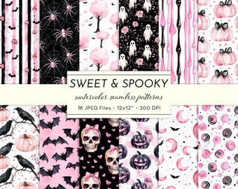 Pink Halloween Digital Paper: Seamless Spooky-Sweet Patterns (JPEG, 300 DPI)