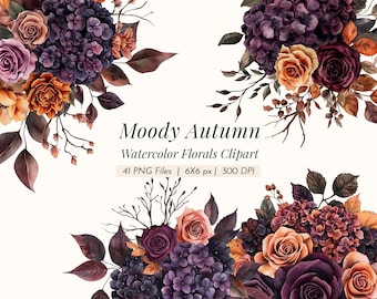 Moody Autumn Watercolor Florals Clipart – Dark Gothic PNG (Digital Download)