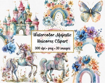 Watercolor Majestic Unicorns Clipart, Commercial use