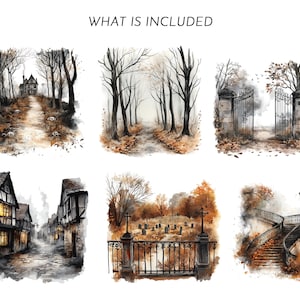 May include: Watercolor illustrations of various autumn scenes, including a path leading to a house, a forest path, an open gate, a street with buildings, a cemetery, and a staircase. The text "WHAT IS INCLUDED" is at the top.