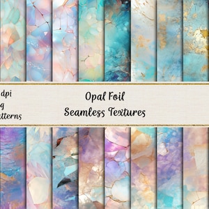 May include: 35 digital paper patterns featuring iridescent opal foil textures in shades of blue, pink, and gold.  300 dpi jpeg files.  Opal Foil Seamless Textures.