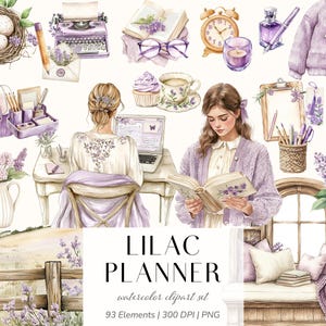Puede incluir: Conjunto de imágenes prediseñadas de acuarela con temática de lila. La imagen incluye una máquina de escribir, libros, una taza de té, un suéter y una mujer leyendo. El texto "LILAC PLANNER" se muestra en la parte inferior.
