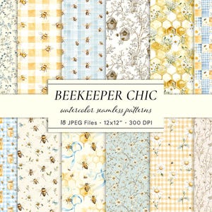 Könnte beinhalten: Eine Sammlung nahtloser Aquarellmuster zum Thema "Beekeeper Chic". Die Muster zeigen Bienen, Waben, florale Designs und Vichy-Karo in sanften Gelb-, Blau- und Cremetönen. Das Bild enthält Text mit 18 JPEG-Dateien, jeweils 30,48 cm x 30,48 cm bei 300 DPI.