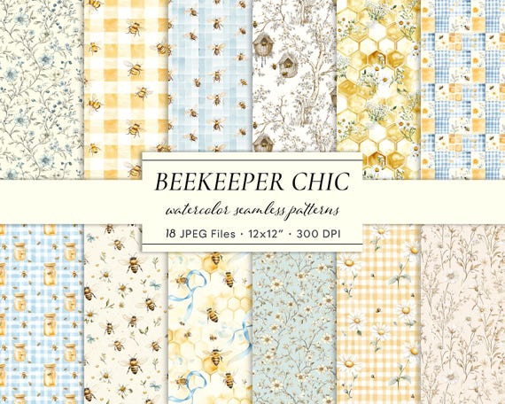 Beekeeper Cottage Chic Seamless Patterns | Blue Gingham, Honeycomb, Bees, Toile | Watercolor Digital Papers