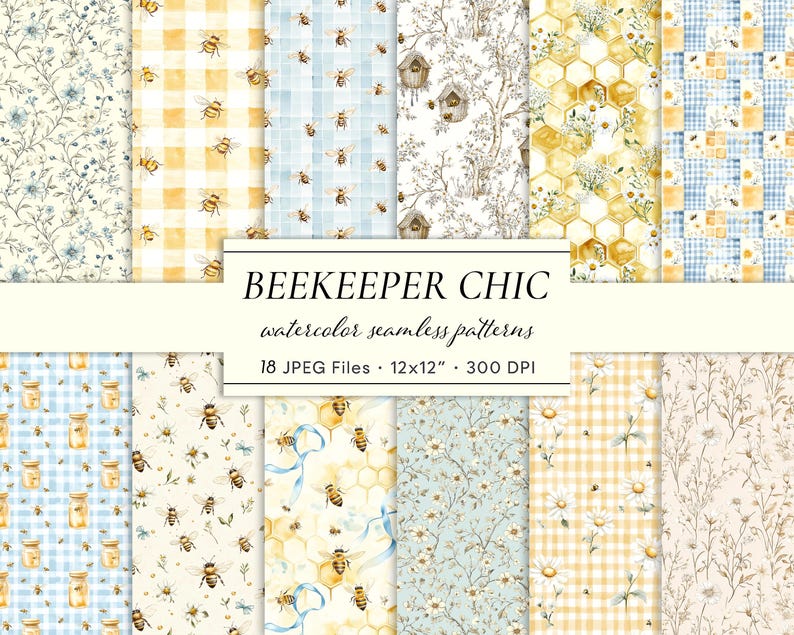 Puede incluir: Una colecci&oacute;n de patrones sin costuras en acuarela con el tema "Beekeeper Chic". Los patrones presentan abejas, panales, dise&ntilde;os florales y cuadros vichy en colores suaves amarillo, azul y crema. La imagen incluye texto que indica 18 archivos JPEG, cada uno de 30,48 cm x 30,48 cm a 300 DPI.