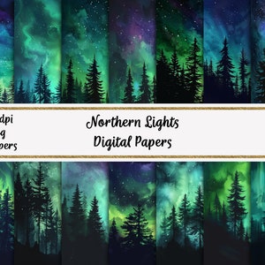 Northern Lights Digital Papers, Printable Scrapbook Paper, Watercolor Forest Trees Backgrounds, Commercial use
