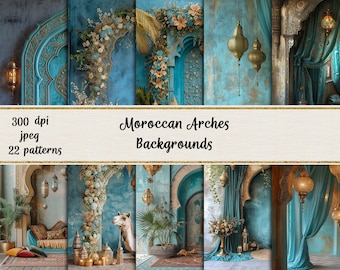 Moroccan Arches Backdrops, Turquoise and Gold Moroccan Backgrounds, Commercial use