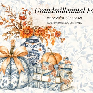 Grandmillennial herfst aquarel clipart – toile pompoenen, chinoiserie strikken, blauw en oranje herfst decor – png vintage graphics