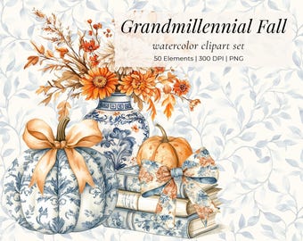 Grandmillennial Fall Clipart: Watercolor Pumpkins, Chinoiserie, Vintage Graphics (PNG Files)