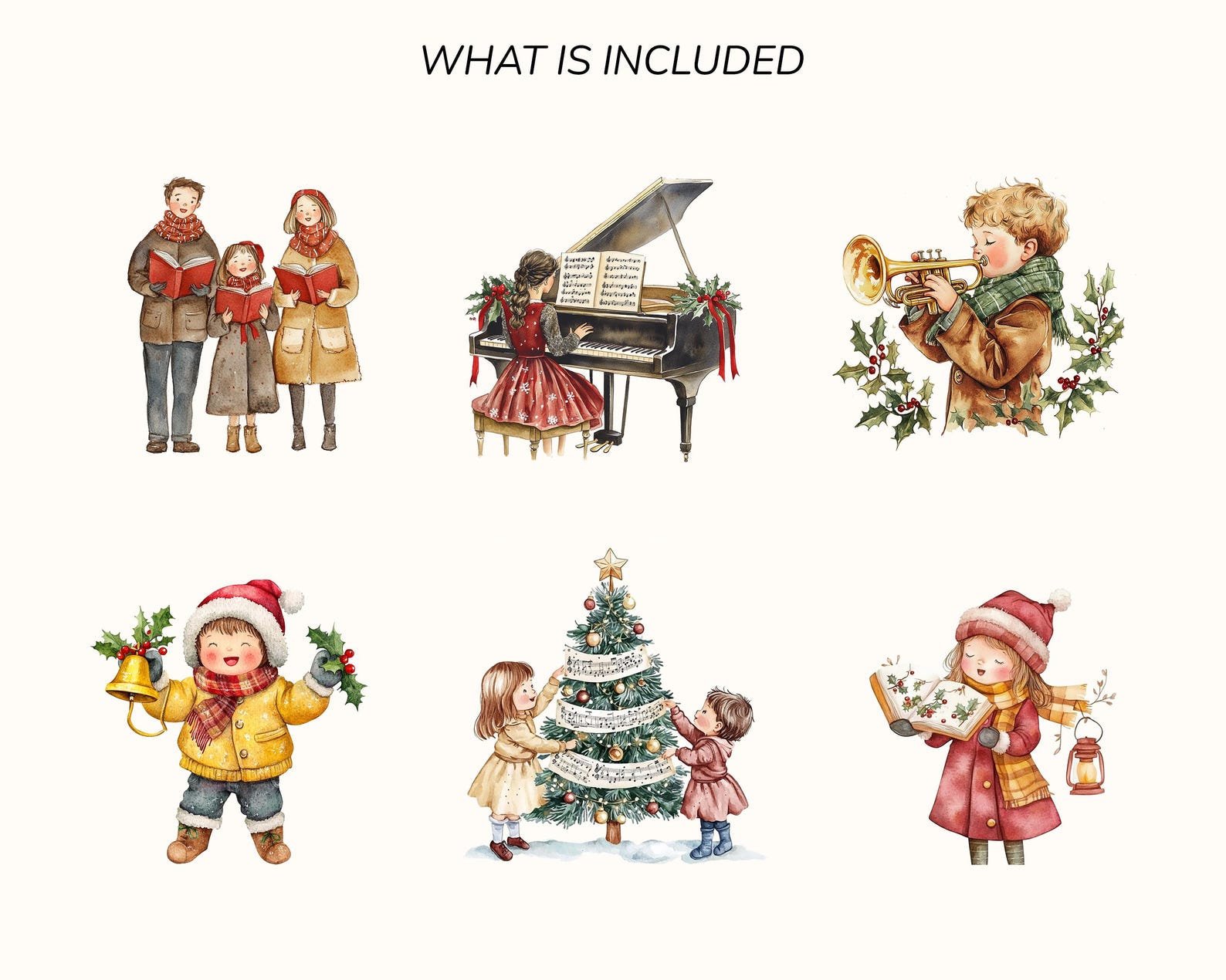 Watercolor Christmas Carols Clipart Set: Musical Instruments, Carolers ...