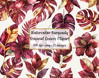 Watercolor Burgundy and Gold Tropical Leaves Clipart, Commercial use