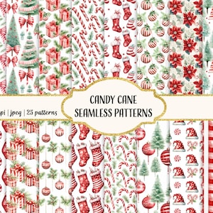 May include: A set of 25 digital seamless patterns featuring Christmas themes. The patterns include candy canes, stockings, Christmas trees, ornaments, and poinsettias. The patterns are in red, green, and white.
