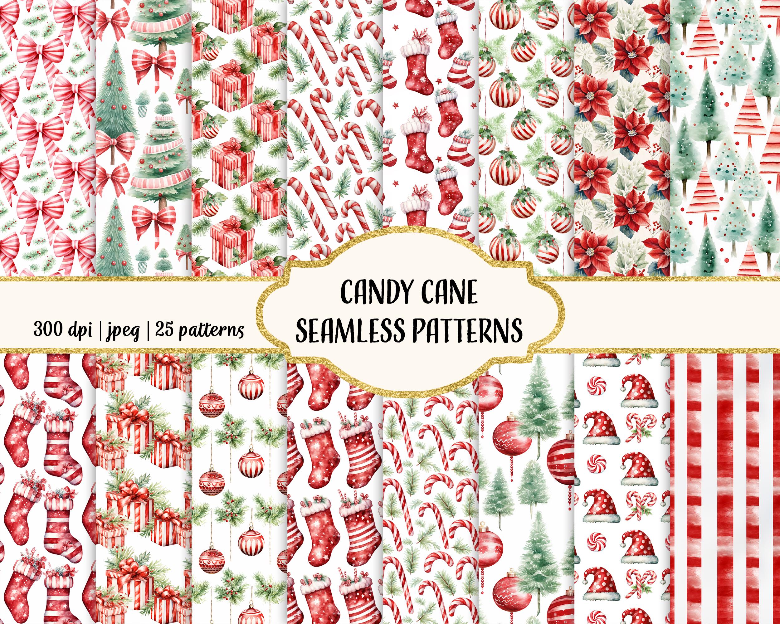 Watercolor Candy Cane Patterns, Printable Scrapbook Paper, Christmas ...