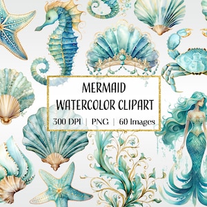 Watercolor Mermaid Clipart, Printable Under the Sea Clip Art, Commercial use