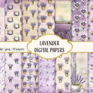 Papier de scrapbooking lavande, motifs lavande aquarelle, journal indésirable, champ de lavande, papiers imprimables lavande, usage commercial