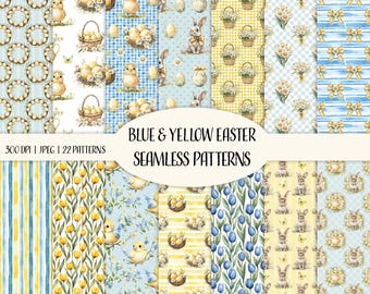 Op de afbeelding: Een set van 22 digitale naadloze patronen met blauwe en gele paasontwerpen. De patronen omvatten konijnen, kuikens, eieren, bloemen en strepen.