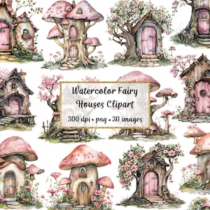 Akwarela Różowe Domy Wróżek Clipart, Użytek Komercyjny