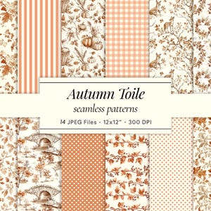 Peut inclure: Une collection de motifs sans couture sur le thème de l'automne, dans des tons de marron, d'orange et de crème. Les motifs comprennent des feuilles, des citrouilles, des rayures et des motifs de toile. Le texte "Autumn Toile seamless patterns" est affiché.