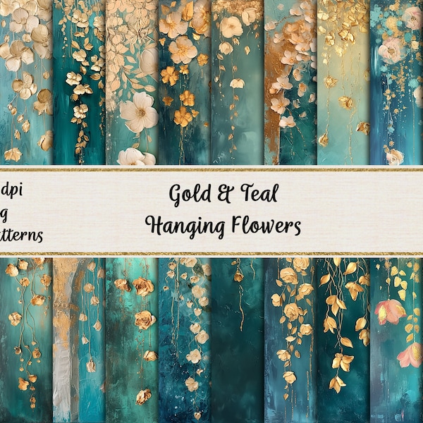 Teal and Gold Hanging Flowers Digital Papers