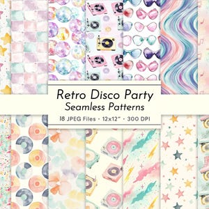 Retro roller discofeest – aquarel naadloze patronen – rolschaatsen, discoballen, muzieknoten, pastel thema feest jaren 70/80