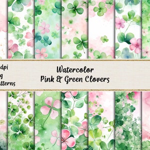 Aquarelles trèfles verts et roses, papier de scrapbooking imprimable, papiers numériques à téléchargement immédiat, usage commercial