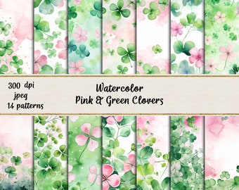 Watercolor Green and Pink Clovers, Printable Scrapbook Paper, Instant Download Digital Papers, Commercial use