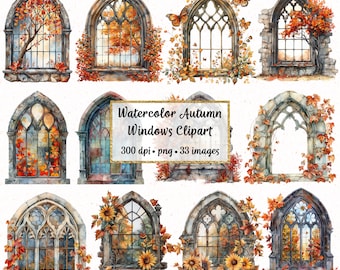 Watercolor Autumn Windows Clipart, Commercial use
