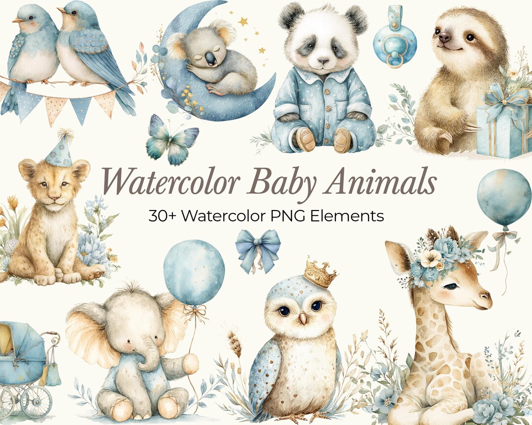 Watercolor Baby Animals Clipart: Blue Floral Nursery PNG (commercial ...