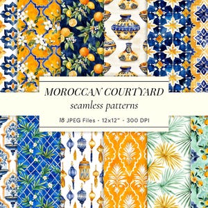 Moroccan Courtyard Watercolor Seamless Patterns – Tiles, Citrus, Palm, Ornamental Designs for Scrapbooking, Crafts & Digital Projects