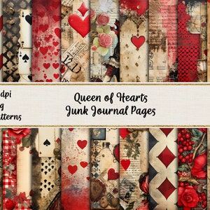 Queen of Hearts Junk Journal, papéis digitais, papel para scrapbook imprimível, uso comercial