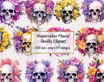 Watercolor Colorful Floral Skulls Clipart