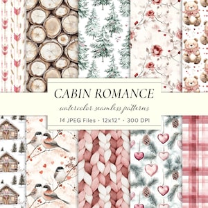 May include: A collection of watercolor seamless patterns with a cabin romance theme. The patterns include images of logs, pine trees, bears, birds, and hearts. The text "CABIN ROMANCE" and "14 JPEG Files - 12x12" are also visible.