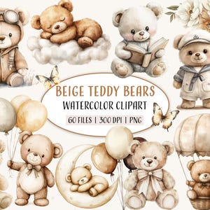 Clipart de ursos de pelúcia aquarela, ilustrações de ursos fofos para impressão, brinquedos de bebê bege, clipart de bebê, scrapbooking, uso comercial