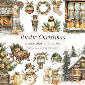 Rustikt julakvarell clipartset – Säckväv, tall, lyktor, träd, presenter – Vintage Farmhouse Holiday PNG