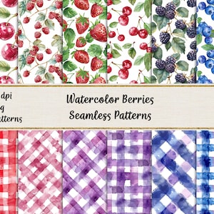 Watercolor Berries Seamless Patterns, Printable Scrapbook Paper, Strawberries, Cherries, Blueberries, Gingham Pattern, Commercial use