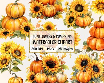 Watercolor Pumpkins and Sunflowers Clipart, Printable Autumn Pumpkins Clip Art, Commercial use
