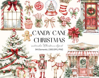 Candy Cane Christmas aquarel clipart set: feestelijke vakantie, png (digitale download)
