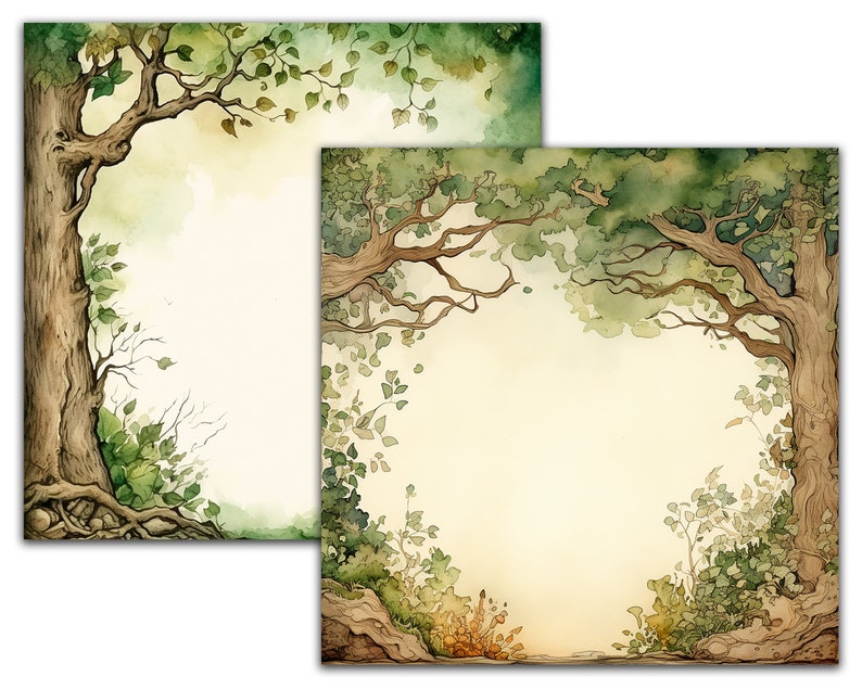 Tree Clutter Borders1 Watercolor Trees Borders, Printable Scrapbook Paper, Instant Download ...