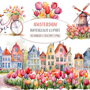 Imágenes prediseñadas de Ámsterdam en acuarela: casas holandesas, bicicletas y canales, tulipanes, ilustraciones PNG imprimibles, scrapbooking, uso comercial